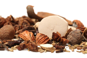 Various seasonings on white background 