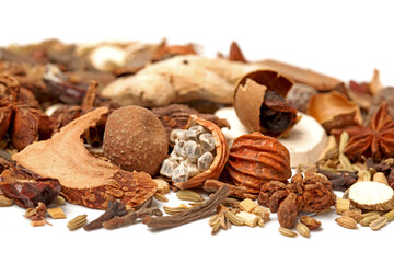 Various seasonings on white background 