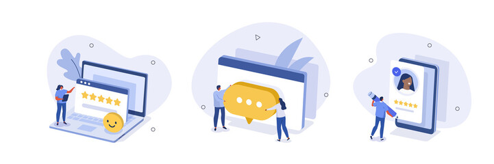 Feedback and review illustration set. People characters giving helpdesk service five star feedback and writing positive comments. Customer support and FAQ concept. Vector illustration.