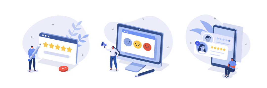 Feedback and review illustration set. People characters giving positive five star feedback and choosing emoji to show satisfaction rating. Customer support and FAQ concept. Vector illustration.

