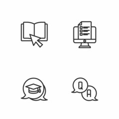 Set line Question and Answer, Graduation cap in speech bubble, Online book and quiz, test, survey icon. Vector
