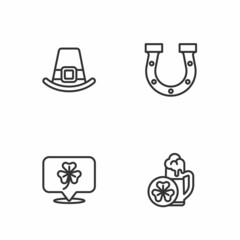 Set line Glass of beer, Clover trefoil leaf, Leprechaun hat and Horseshoe icon. Vector