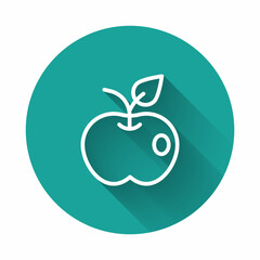 White line Apple icon isolated with long shadow background. Excess weight. Healthy diet menu. Fitness diet apple. Green circle button. Vector