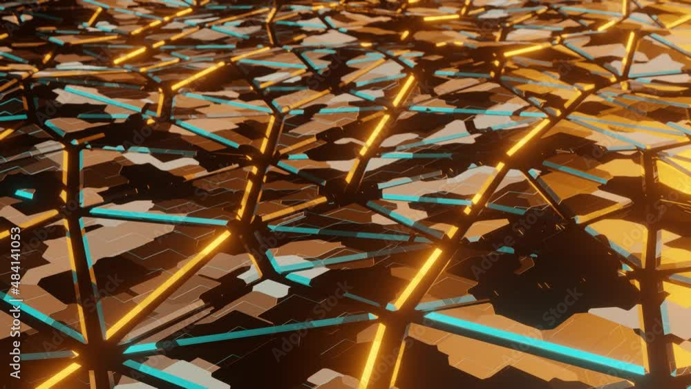 Poster abstract tech geometric structure with panels in green and orange lights. seamless looping backgroun