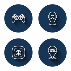 Set line Gamepad, Virtual reality glasses, 3d modeling and with long shadow. Blue circle button. Vector