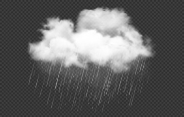 Realistic white cloud with rain drops, rainstorm, raincloud, rainfall or cyclone weather vector. 3d rain cloud or cumulus isolated on transparent background, cloudy and rainy sky with downpour - obrazy, fototapety, plakaty