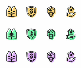 Fototapeta na wymiar Set line Delivery security with shield, Life jacket, Shield dollar and House in hand icon. Vector