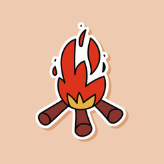 Drawn sticker of red campfire doodle. Isolated sticker of camping flame on logs. Wildlife illustration vector.