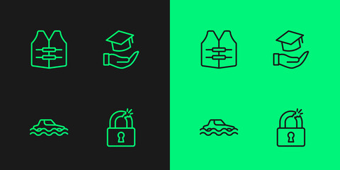 Set line Broken or cracked lock, Flood car, Life jacket and Education grant icon. Vector