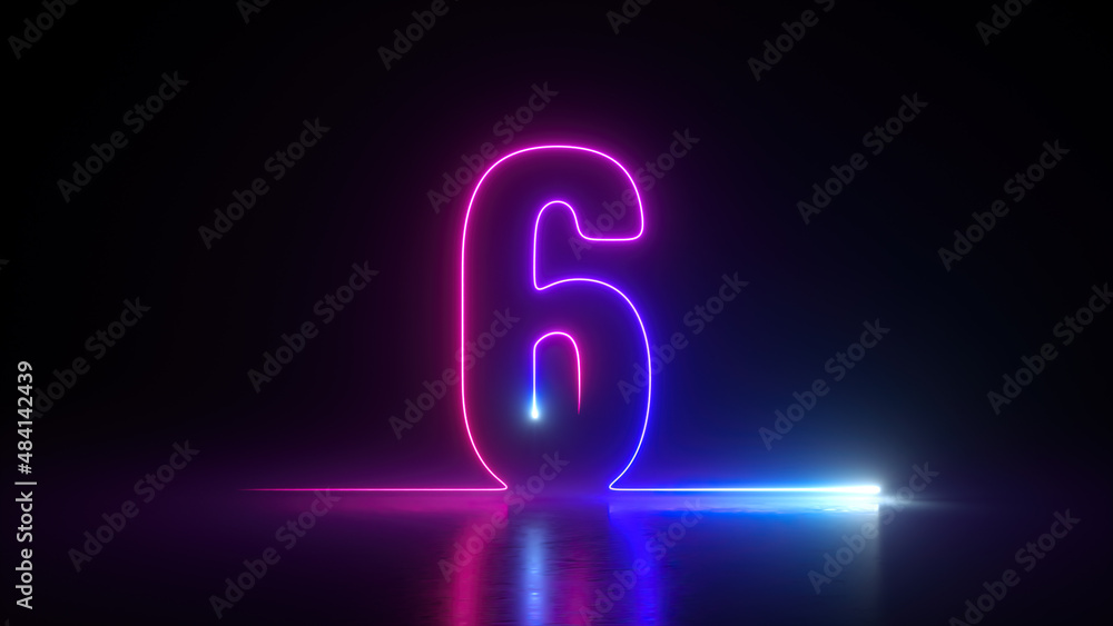 Wall mural 3d render, neon number six glowing in the dark with ultraviolet light, pink blue gradient laser ray - Wall murals