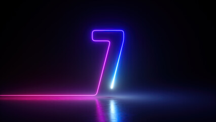 3d render, neon number seven glowing in the dark with ultraviolet light, pink blue gradient laser ray © NeoLeo