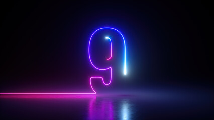 3d render, neon number nine glowing in the dark with ultraviolet light, pink blue gradient laser ray