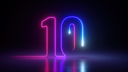 3d render, neon number ten glowing in the dark with ultraviolet light, pink blue gradient laser ray © NeoLeo