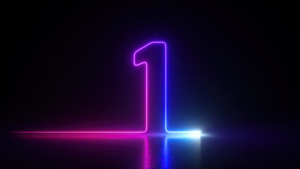 3d render, neon number one glowing in the dark with ultraviolet light, pink blue gradient laser ray - obrazy, fototapety, plakaty