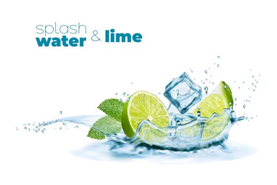 Water wave splash with lime, ice cubes and mint leaves, fresh drink vector background. Realistic transparent flow of lemonade, soda or cocktail with lime, mint leaf and ice cubes with splatters
