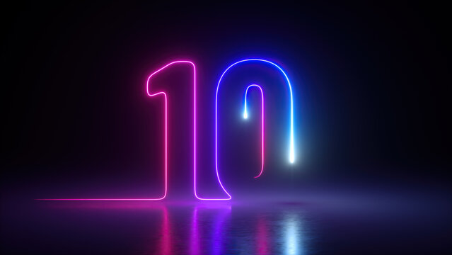 3d render, neon number ten glowing in the dark with ultraviolet light, pink blue gradient laser ray