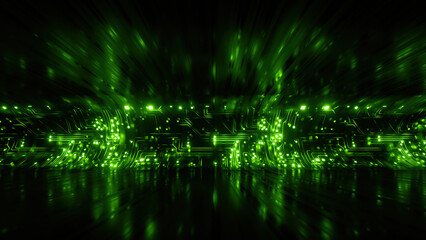 Fototapety  3d render, abstract black background with green neon microchip, virtual cyber space, digital wallpaper