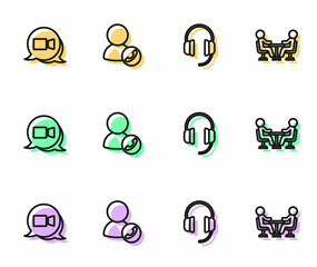 Set line Headphones, Video chat conference, and Meeting icon. Vector