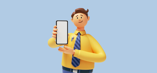 3d render. Cartoon character young man isolated on blue background. Guy wears yellow shirt, blue tie, looks at camera. Presentation concept. Successful businessman shows smart phone with blank screen