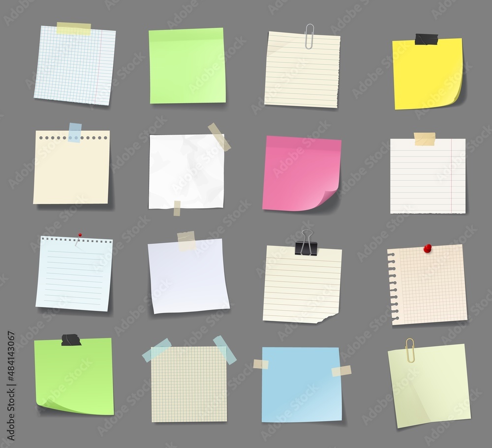 Poster note paper with tape and stickers, notepad and memory notice sticky sheets. to do list or memo messa