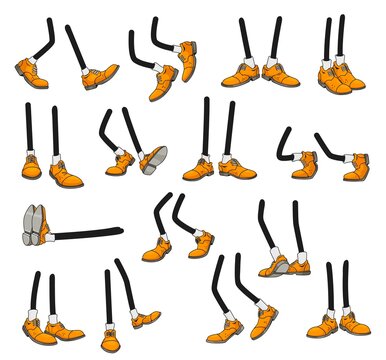 Cartoon legs, isolated comic feet in laced yellow shoes. Vector stick foot walk, stand and jump, run, lying, dance and go. Body parts front, side, rear view, limb in footwear on white background