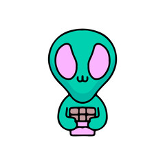 Cute alien holding chocolate bar, illustration for t-shirt, poster, sticker, or apparel merchandise. With cartoon style.