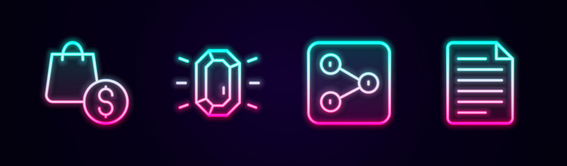 Set line shopping bag and dollar, Diamond, Share and File document. Glowing neon icon. Vector