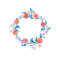 Citrus fruit wreath in hand-drawn watercolor technique.White background, circle frame