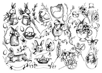 Vector set of hand drawn Vintage Easter illustrations.  Happy Easter outline retro images. Rabbits and chickens, willow branches, eggs in basket, royal crown and elements. Line art design.