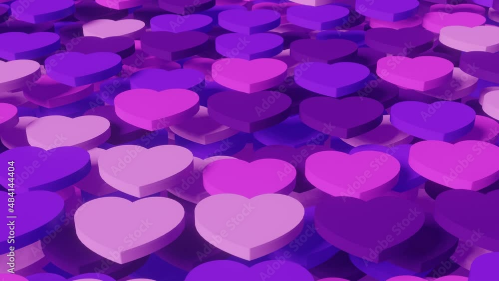 Poster 3d render seamless loop animated background with pink and violet heart shapes. valentines day romant