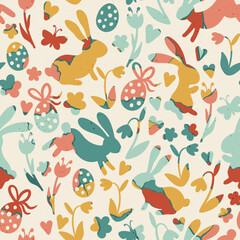 Lovely hand drawn Easter seamless pattern, doodle bunnies, eggs and flowers, great for banners, wallpapers, wrapping, textiles - vector design