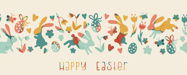 Lovely hand drawn Easter seamless pattern, doodle bunnies, eggs and flowers, great for banners, wallpapers, wrapping, textiles - vector design