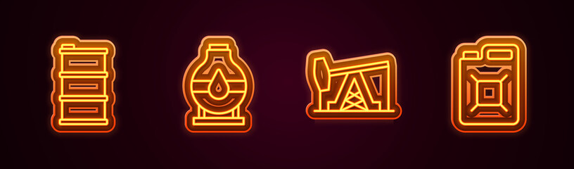 Set line Barrel oil, Oil tank storage, pump pump jack and Canister for gasoline. Glowing neon icon. Vector