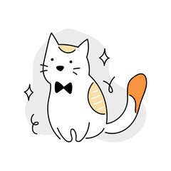 Cute cat with tie bow. Doodle line, vector illustration.