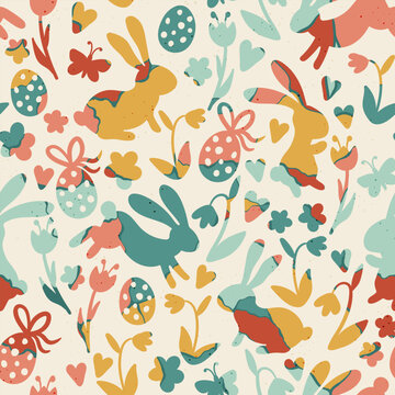 Lovely hand drawn Easter seamless pattern, doodle bunnies, eggs and flowers, great for banners, wallpapers, wrapping, textiles - vector design