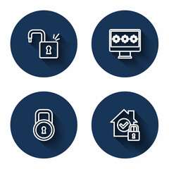 Set line Open padlock, Monitor with password, Lock and House under protection with long shadow. Blue circle button. Vector