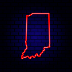 Neon map State of Indiana on brick wall background.