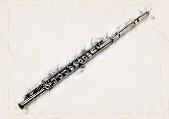 Illustration Sketch of a Classical Silver Flute on stripped paper © pbombaert