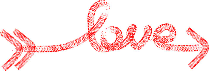 Tire tracks in heart form. One line love heart .Car thread silhouette. Vector illustration.