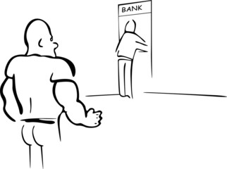 The security guard is watching the person at the bank counter
