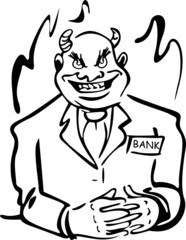 A bank employee was depicted as a devil against the background of flames
