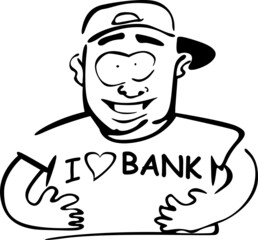The boy has shirts with the words I love bank
