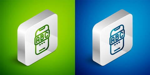 Isometric line E-learning of different foreign languages through the mobile application icon isolated on green and blue background. Silver square button. Vector