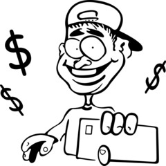 The boy has a card in his hand and thinks about earning money
