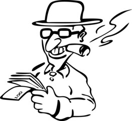 The man counts his earned money by smoking a cigar
