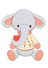 Cute baby elephant in striped sweater with heart