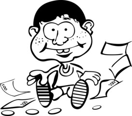 The child sits surrounded by banknotes and coins
