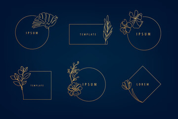 Vector set of luxury artdeco floral frames, logo design templates and monogram concepts, linear style emblems for fashion, beauty, social net - obrazy, fototapety, plakaty