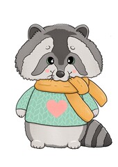 Cute raccoon in yellow scarf and mental sweater