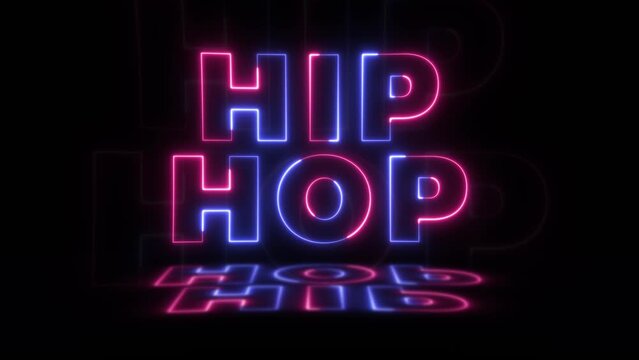 Neon glowing word 'HIP HOP' on a black background with reflections on a floor. Neon glow signs in seamless loop motion graphic